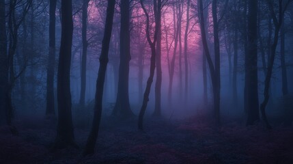 Mysterious, misty forest scene at twilight.