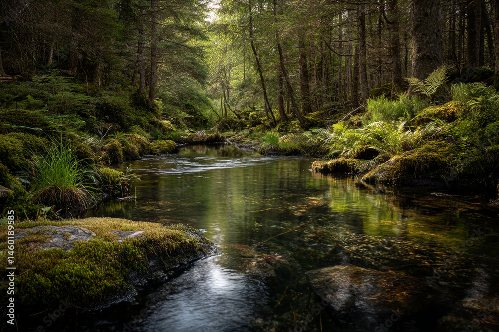 Aufkleber calm forest stream flowing between mossy rocks, sunlight filtering through lush green canopy, creati