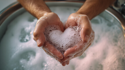 Fototapeta premium Close-Up of Hands Holding Foam Heart in a Bathtub