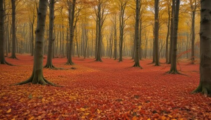 A carpet of crimson, gold, and russet leaves blankets the forest floor , woodland, still life