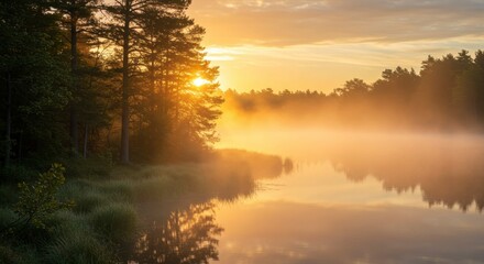 Sunrise over misty lake (1)