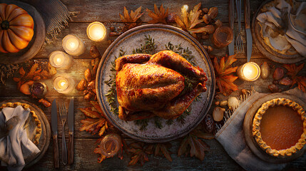 Rustic Thanksgiving Table Setting Roasted Turkey, Pumpkins, and Autumn Decor