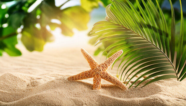 sand beach with starfish seashell and green leaf background