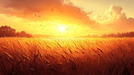Fototapeta premium Golden wheat field at sunset, birds flying, warm light