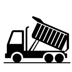 A black silhouette of a dump truck with its bed raised, set against a white background.  Simple vector illustration.