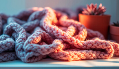 Intricate Knitted Wool Texture with Succulents on White Shelf, Soft Light