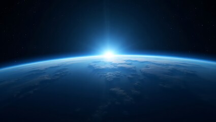 A view of the earth from space with a bright sunrise over the horizon