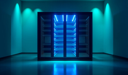 Abstract Server Rack Illuminated with Dynamic LED Light Cascade