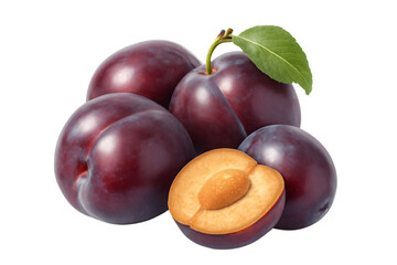 ripe purple plums whole and halved with leaf isolated