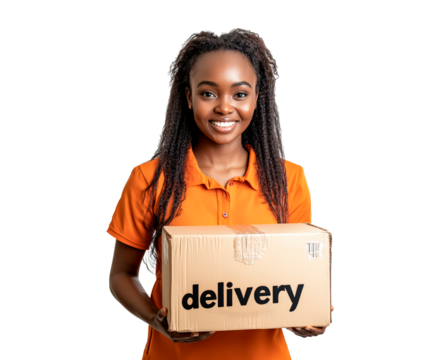 Delivery person smiles while holding a package labeled delivery on a transparent background