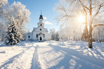 Snowy church in winter wonderland