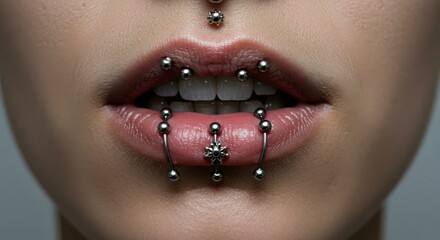Close-up of multiple lip piercings