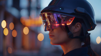 Close up of woman wearing futuristic helmet with augmented reality display visor
