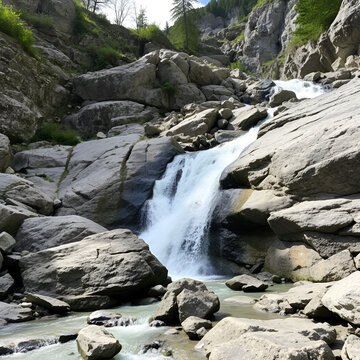 The Rutor waterfall, in Valle d'Aosta, descends impetuously among the rocks