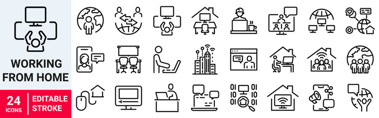 Working from home web line icon set. Containing remote work, work online, freelancing, home office, digital nomad.