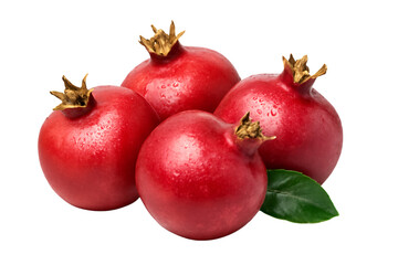 group of fresh ripe pomegranates with leaves isolated on white
