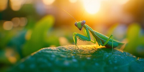 Praying Mantis on a Leaf Bathed in Soft Golden Sunlight Glow
