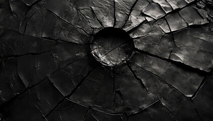 Charred wood circle, deep cracks, dark texture