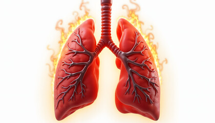 Lungs glowing with fire against a bright background  