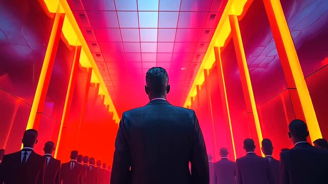Leader marches forward into illuminated corridor followed by cadre