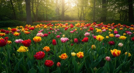 Fototapeta premium Colorful tulip field in sunlight