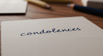 Condolences note on wooden table with pen and stationery nearby  