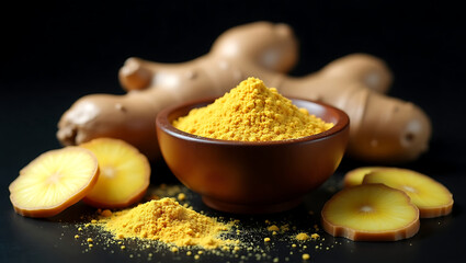 Fresh Ginger and Ground Ginger Powder on Black Background – Natural Spice and Health Remedy
