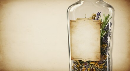 Vintage apothecary bottle mockup with blank label and herbs