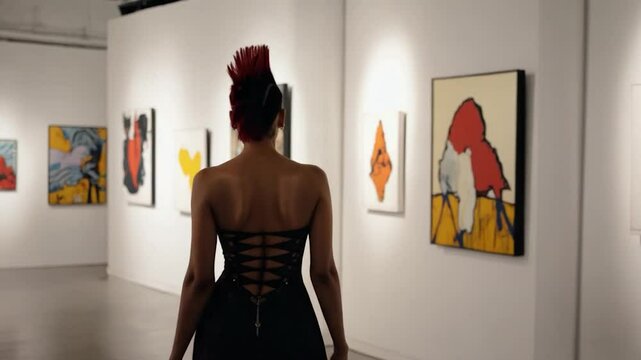 Woman in art gallery, viewing abstract paintings, fashion