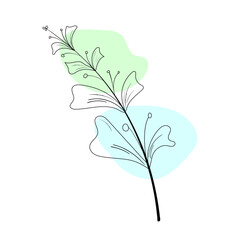 Graphic branch of a plant on a background with green and blue spots. A twig of a plant. A doodle plant.  An abstract element. Template for the design