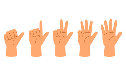 Collection of hand gestures counting from one to five using raised fingers on a human hand in various views