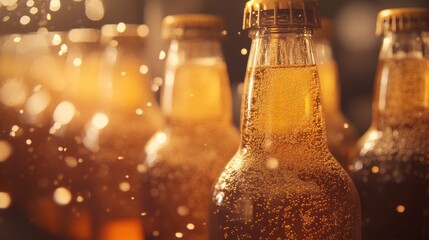 Close-up view of several beverages in glass bottles.