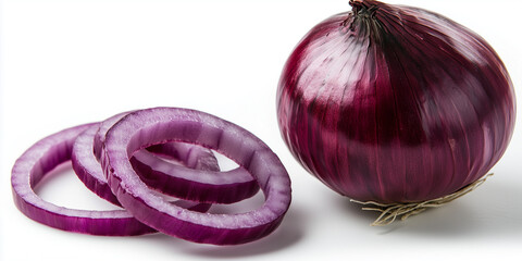 Sliced red onion with purple layers against crisp white surface