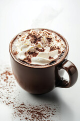 Hot chocolate topped with whipped cream and cocoa powder is steaming in a brown mug on a white background