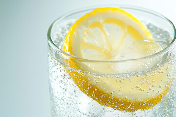 Glass of sparkling lemonade with a slice of lemon and ice cubes, creating a refreshing summer drink