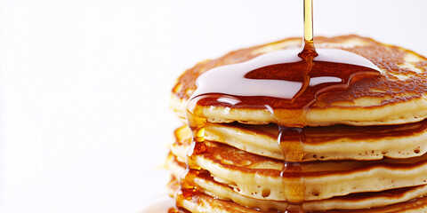 Maple syrup cascading over golden pancake stack, creating mouthwatering breakfast indulgence