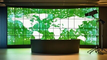 Modern reception area with large-scale world map display.  A circular reception desk with a curved top is positioned in front of a massive wall-mounted screen showing a global map