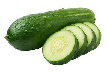 fresh green cucumber whole and sliced with water drops isolated