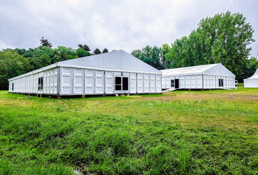 Large trade fair construction tents in green park