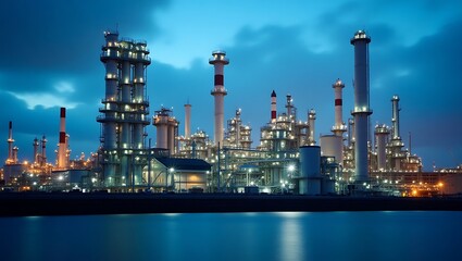 Fototapeta premium Illuminated industrial complex reflecting on calm waters at night, cinematic view