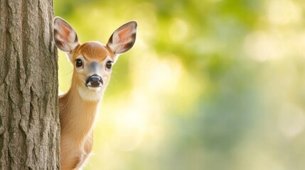 Curious Fawn Peeking from Behind a Tree
