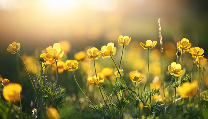 Fototapeta premium wild yellow buttercups in a summer meadow wild flower blooming in the sunlight with soft background
