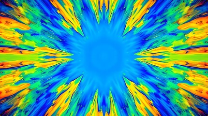 Vibrant abstract kaleidoscope in blue, yellow, and green hues.  A dynamic, colorful background or texture.