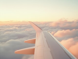 Fototapeta premium Airplane Wing Above Soft Clouds at Sunset 