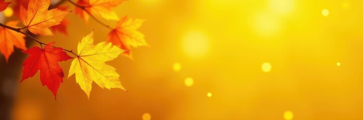 Fototapeta premium Autumn leaves, vibrant yellow and orange hues against a sunny yellow backdrop , element, wallpaper