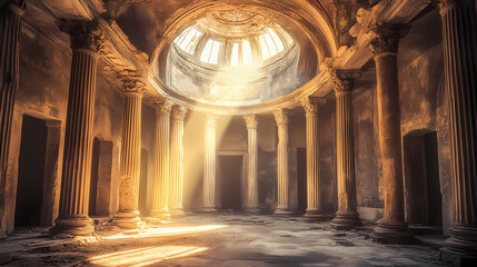 Obraz premium Ancient roman temple interior, sunlight, columns, dome. [Hollow Realms] | Abandoned Classicism | ruined dome. Illustration