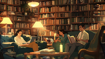 People studying in a cozy library with bookshelves and warm lighting in an animated style