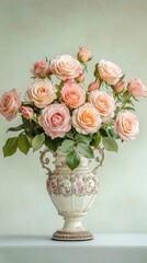 Vintage Roses in Antique Vase, Elegant Floral Still Life Arrangement