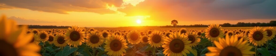 Fototapeta premium Golden hour sun sets over vibrant sunflowers and cornfield , rays, idyllic, peaceful