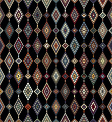 Seamless repeating pattern with small multicolored rhombuses and squares arranged in vertical lines on a black background. Contemporary ethnic style. Abstract geometric vector illustration.